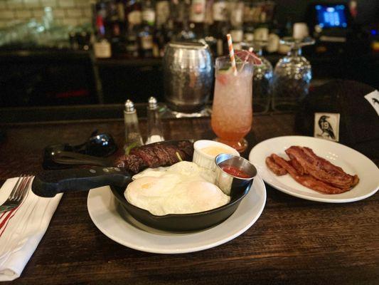 My to die for brunch classic go to, steak and eggs, greens with a side of damn delicious bacon. So good it will make you wanna slap yo momma