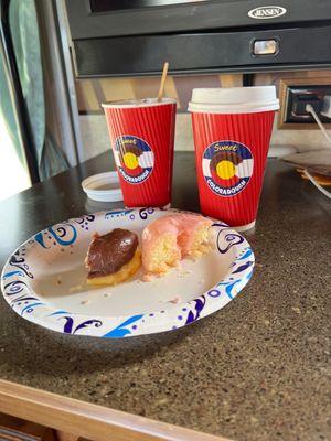 Chocolate & cherry gluten free donuts along with  Mocha and a Dirty Hippie on the side.