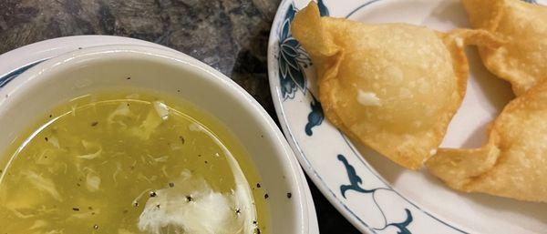 Egg drop soup and crab Rangoon.