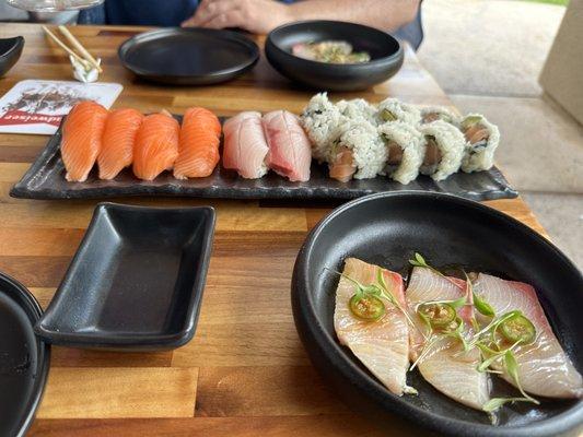 Salmon & Hamachi Nigiri, Salmon Avo Roll, and the Hamachi Carpaccio