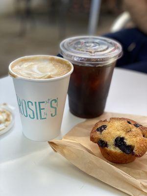 Coffee, blueberry muffin, cold brew