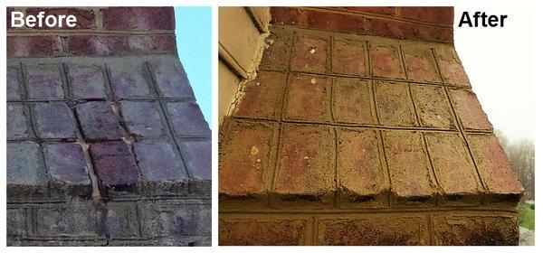 Before and after of a chimney hip repointing.