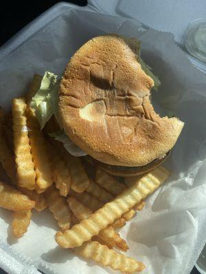 Double cheeseburger with seasoned fries. Yummy.