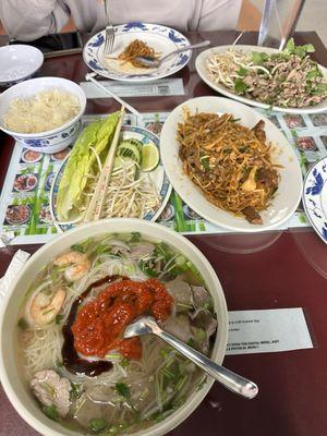 Combination pho, beef pad Thai, beef larb and Lao style papaya.