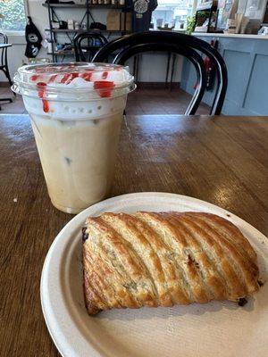 Chocolate croissant and white chocolate raspberry latte