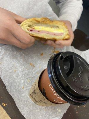 Breakfast sandwich w/ hot chocolate!