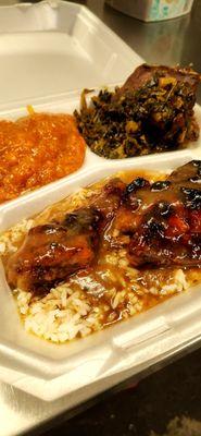 Jerk chicken, nice and gravy,candy yams Collard greens