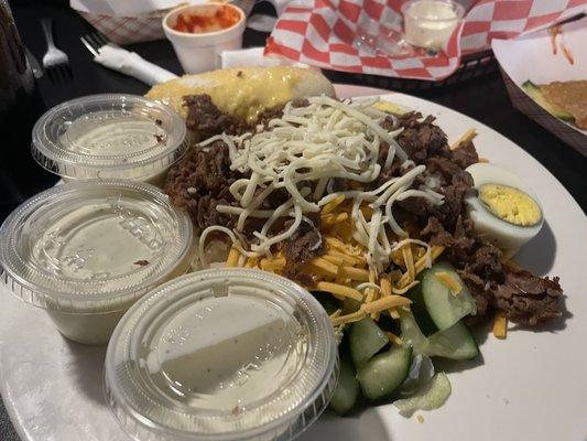 Steak Salad- Had it without Fries:(. But still Delicious and the ranch dressing you could drink it...