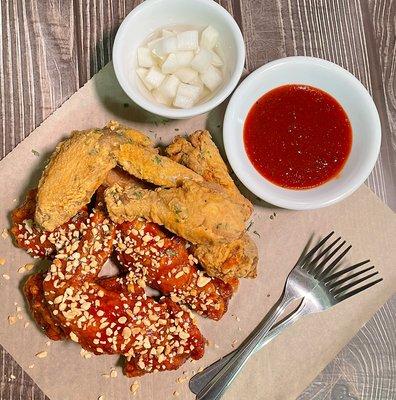 Yangnyum&Fried with pickled radish and Yangnyum souce on the side!