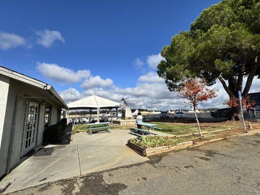 Outdoor seating and play area.