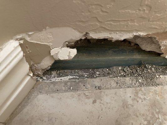 Corner of baseboard is completely dry and shows no sign of water damage from other side of wall where shower is.