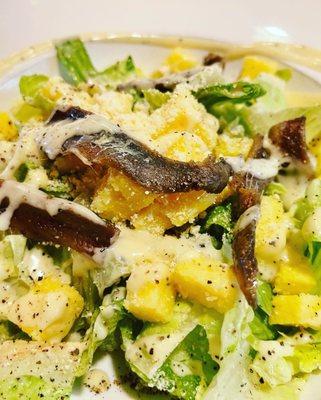 Caesar salad with polenta croutons, (we added the sardines!)