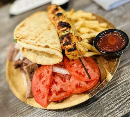 Lamb gyro and chicken kebab