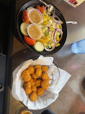 Sweet Corn Bites, Greek Salad