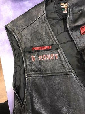 We sew patches for your Motorcycle Vest, Jacket and even Jumpsuit.