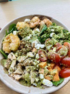 Grilled Chicken Pesto bowl with shrimp