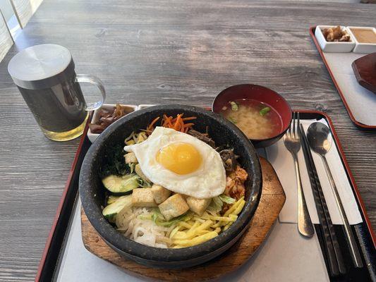 Hotstone bibimbap with kimchi and miso soup; hot green tea.