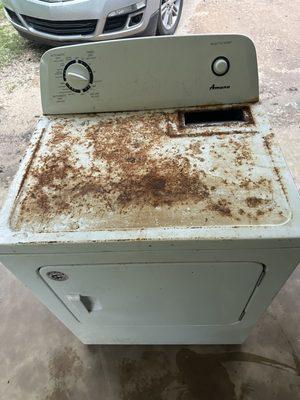 How our appliances we get, we restore them and sell, this is a before photo of this amana dryer