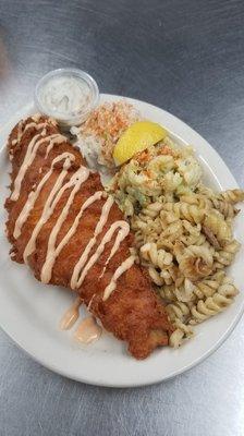 Buffalo style fish fry. Frank's sauce in the batter and the Buffalo style sauce on top! Amazing!