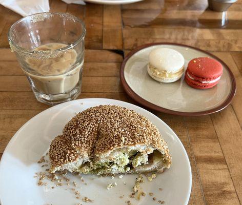 Iced Cortadito, Pesto and Goat Cheese Bagel, Fruity Pebbles Macaroon, and Vanilla Bean Macaroon!