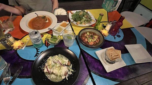 Ceviche, Tacos Dorados, chile rellenos, and ensalada jicama