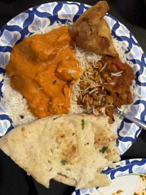 Butter chicken, Chana masala, a samosa and naan