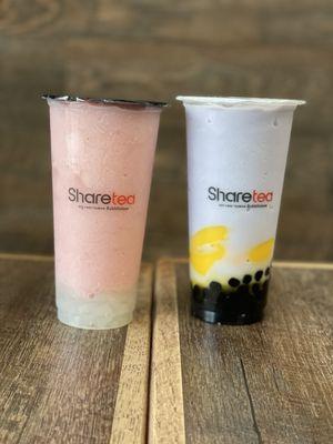 Strawberry ice blended with lychee jelly and ice cream; Taro Ice Blended with Pudding with added boba