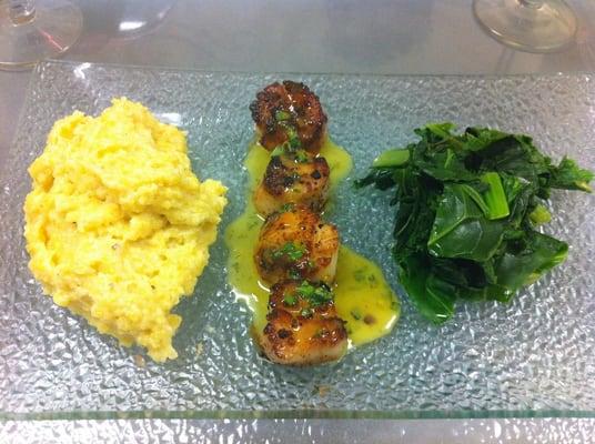 Seared scallops, citrus basil butter sauce, and creamy mascarpone polenta