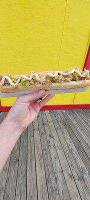 Pickles, kraut, spicy mayo weiner