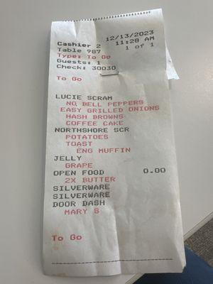 Receipt showing special order.