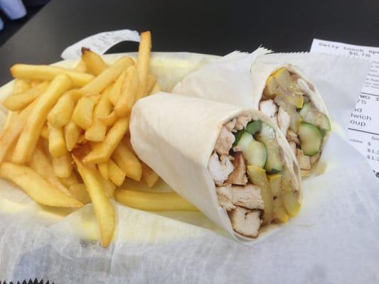 Health Wrap combo: grilled chicken wrap with veggies and balsamic vinegar with side of fries and a drink - $8.82.