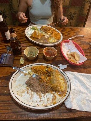 Carne asada taco + pulled pork enchilada. EXCELLENT.