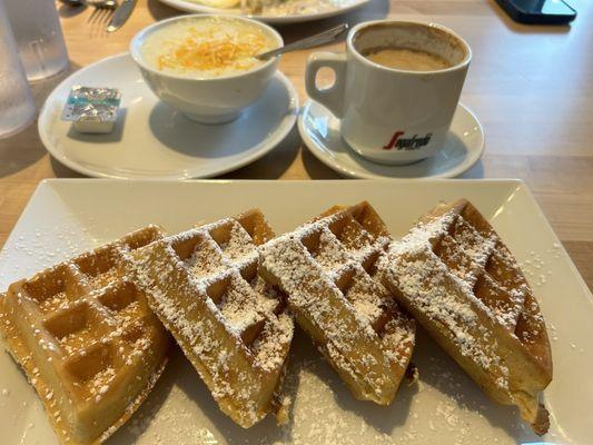 Waffles, cheese grits, and a mocha latte