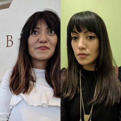 Before and after. Bang trim and hair toner.