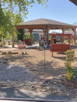 Beautiful sitting area and the covered wagons in the back are for rent