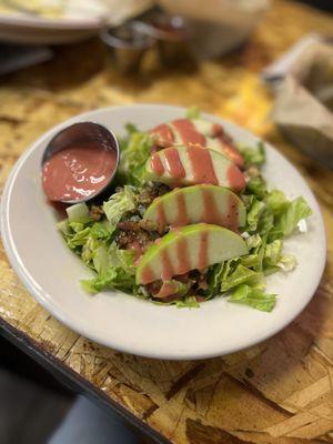 Basic salad with romaine and raspberry dressing  .. So so good !!