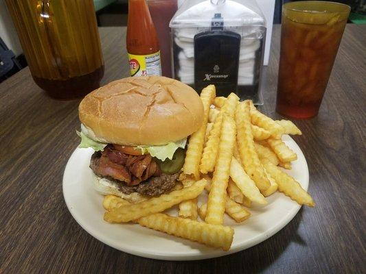 Tom burger with bacon and fries. Mmmm