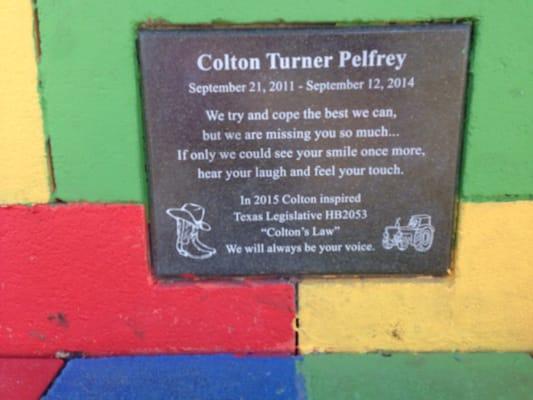 Memorial bench for Colton Turner.