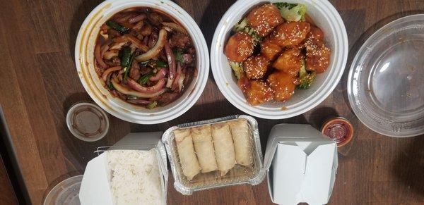 Spicy Mongolian Beef, Sesame Chicken and Spring Rolls