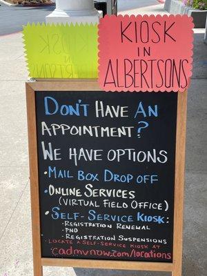 Kiosk options without an appointment