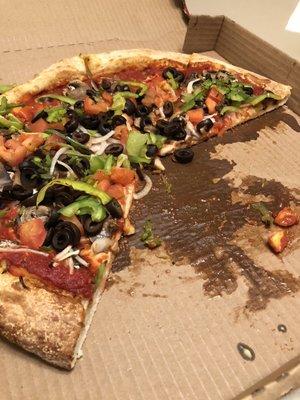 Super wet veggie pizza, It was so soggy that it soaked through the box. Dominos and Papa Murphy's is right across the street. I'll go there