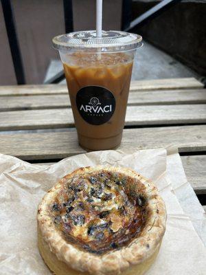 Iced americano and mushroom quiche