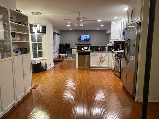 Recessed lights in kitchen and living room