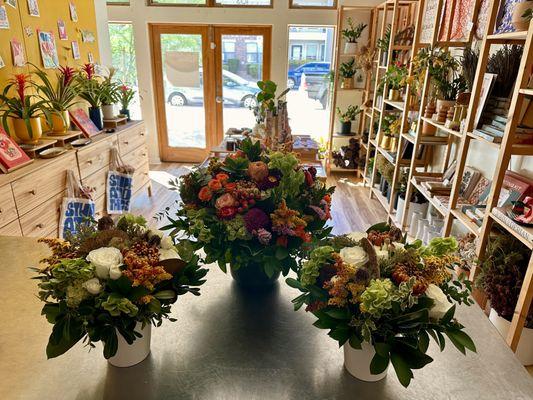 Flower arrangements in our shop, ready to go out for delivery