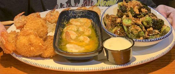 Parrot Isle Jumbo Coconut Shrimp, Garlic Shrimp Scampi, lime shrimp skewers, Crispy Brussels Sprouts