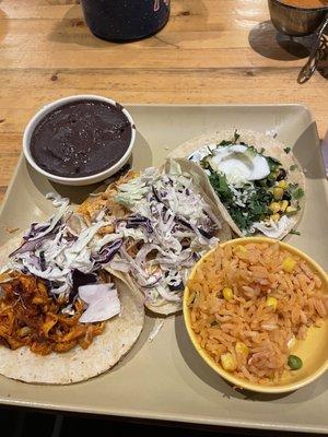 3 Tacos Mix & Match Plate with Rice & Black Beans: Spicy Pollo Taco (2) and Black Bean & Corn Taco (1)