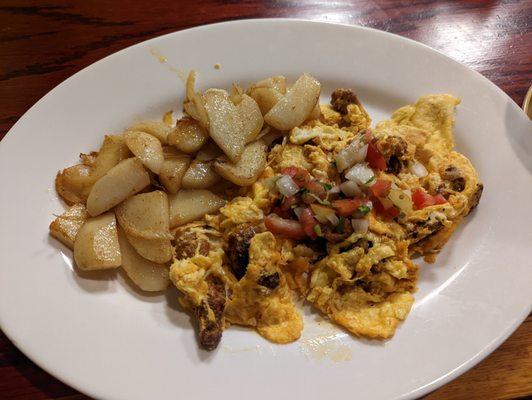 Brunch dish; chorizo, eggs and potatoes.