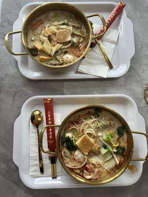 Bottom is Mala soup and top is bone broth