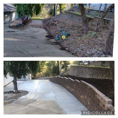 Concrete driveway, retaining wall