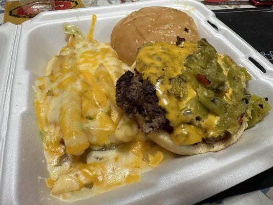 Burger with Chile cheese fries